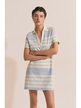 Etam Women's Blue Pastel Striped Polo Dress Short Sleeve V-Neck Size L